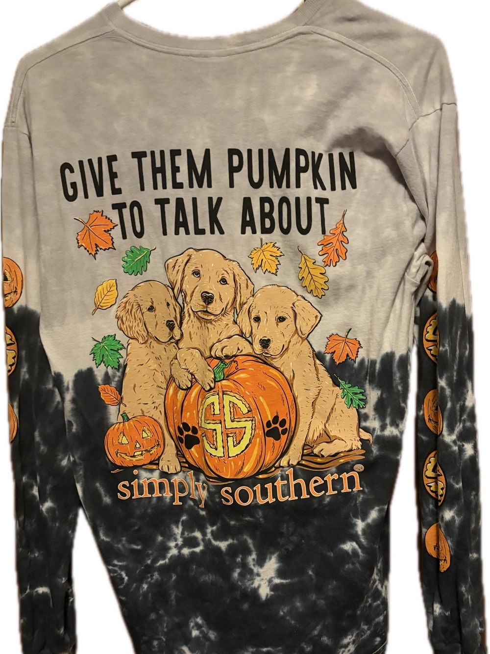 Simply Southern Black & Cream Tie-Dye Long Sleeve with Puppies & Pumpkin Graphic